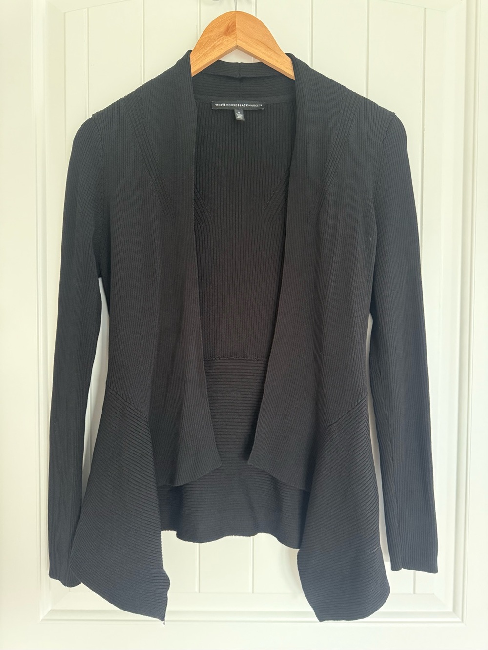 White House Black Market Ribbed Open Front Cardigan Black Asymmetrical Shrug